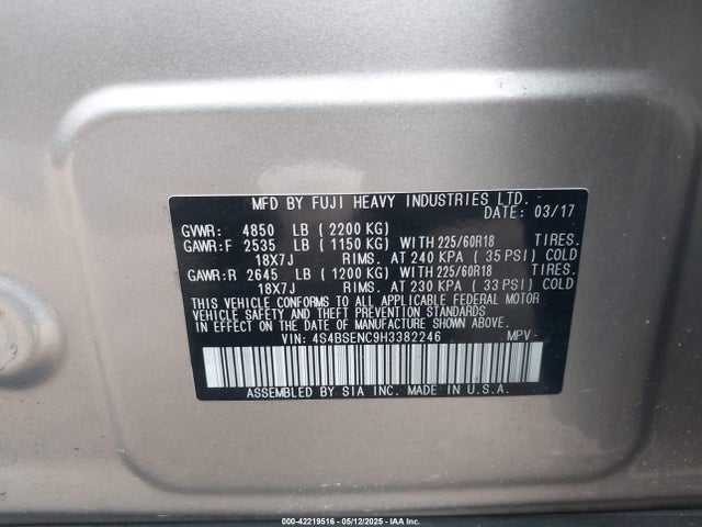 4S4BSENC9H3382246 Subaru u4