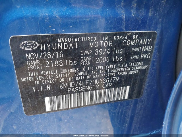 KMHD74LF7HU336779 Hyundai ELANTRA SE