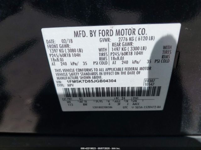 1FM5K7D85JGB04304 Ford EXPLORER XLT