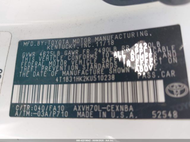 4T1B31HK2KU510238 Toyota Camry Hybrid Le