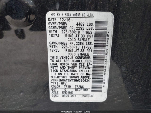 JN8AT2MT3HW390634 Nissan Rogue Sl