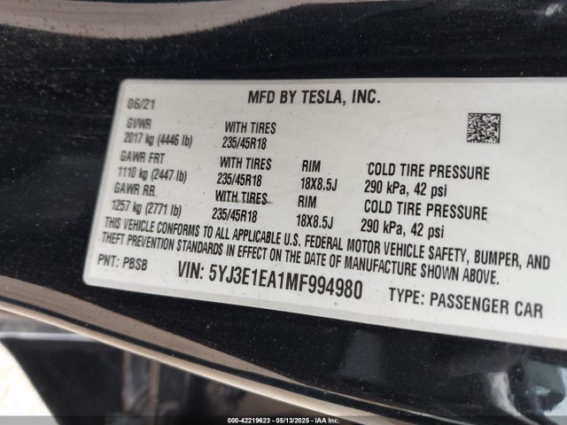 2021 TESLA MODEL 3 5YJ3E1EA1MF994980 Photo 8