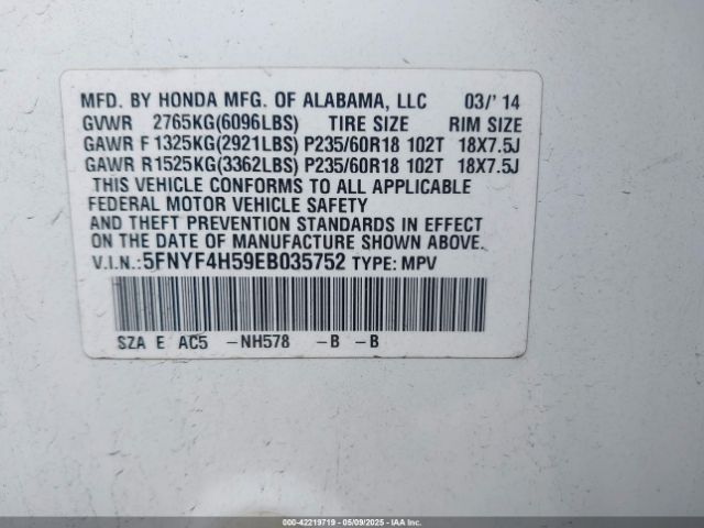 5FNYF4H59EB035752 Honda Pilot Ex-l