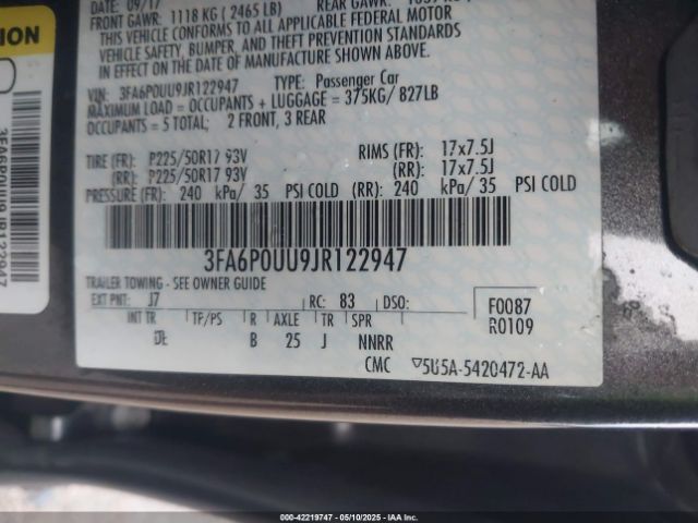 3FA6P0UU9JR122947 Ford Fusion Hybrid S