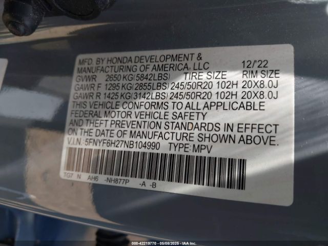 2022 HONDA PILOT 5FNYF6H27NB104990 Photo 8