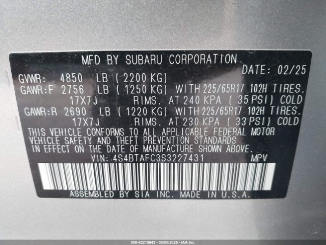 2025 SUBARU OUTBACK 4S4BTAFC3S3227431 Photo 8