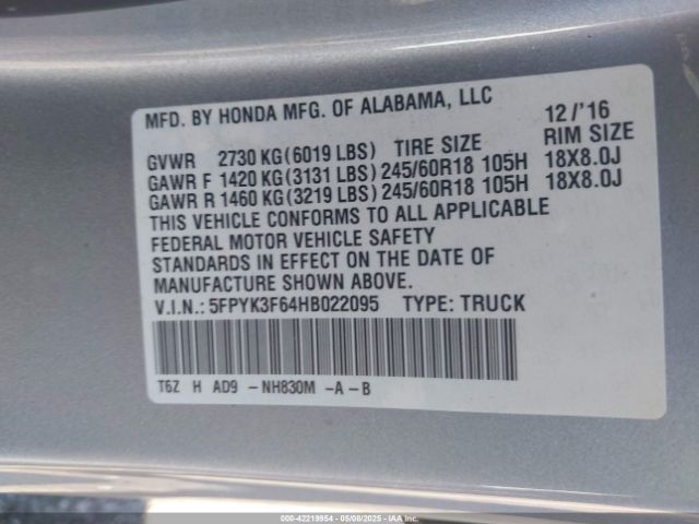 5FPYK3F64HB022095 Honda Ridgeline Rtl-t