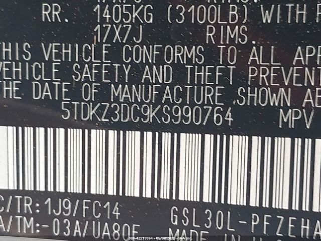 2019 TOYOTA SIENNA 5TDKZ3DC9KS990764 Photo 8