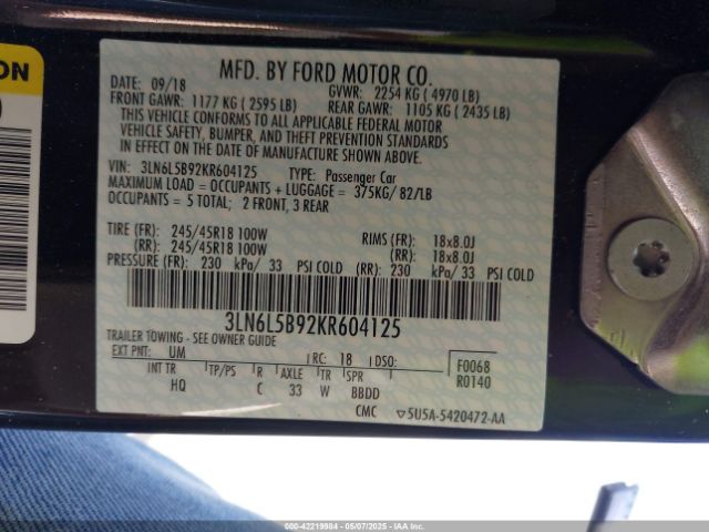 3LN6L5B92KR604125 Lincoln Mkz Standard