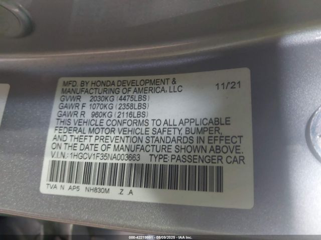 1HGCV1F35NA003663 Honda Accord Sport
