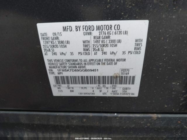 1FM5K7D89GGB09451 Ford EXPLORER XLT