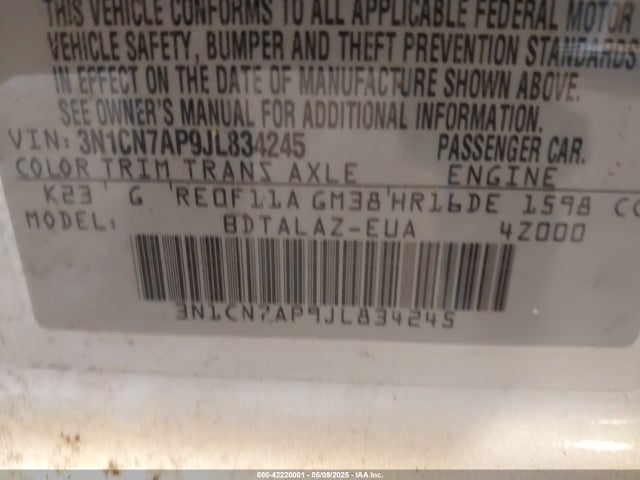 3N1CN7AP9JL834245 Nissan Versa 1.6 S+