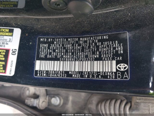 5YFBURHE3JP803202 Toyota COROLLA LE