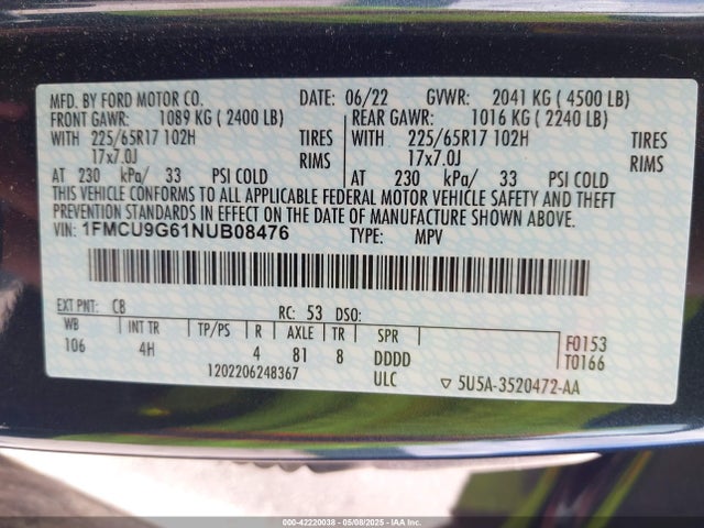 1FMCU9G61NUB08476 Ford dragon di tc