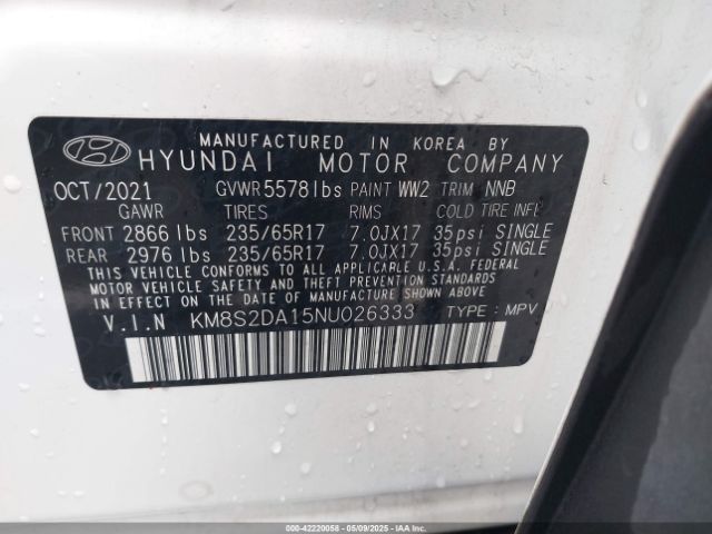 2022 HYUNDAI SANTA FE HYBRID KM8S2DA15NU026333 Photo 8