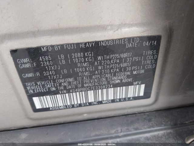 4S4BRBDC7E3308234 Subaru Outback 2.5i Premium