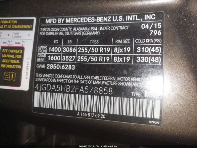 4JGDA5HB2FA578858 Mercedes-Benz Ml 350 4matic