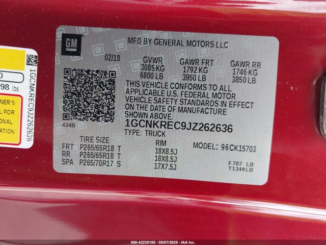 1GCNKREC9JZ262636 Chevrolet Silverado 1500 2lt