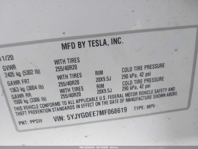 2021 TESLA MODEL Y 5YJYGDEE7MF068619 Photo 8