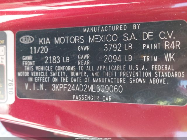3KPF24AD2ME309060 KIA Forte Lxs
