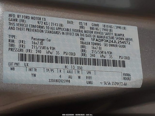 1FADP3K24JL254572 Ford FOCUS SE