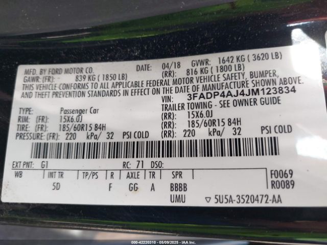 3FADP4AJ4JM123834 Ford FIESTA S