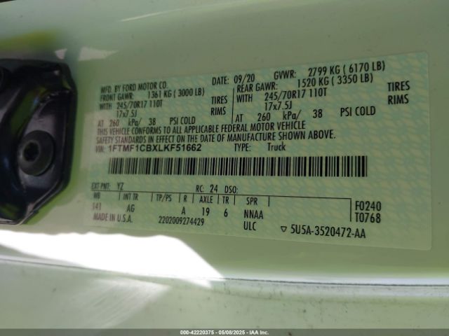 1FTMF1CBXLKF51662 Ford F-150 Xl