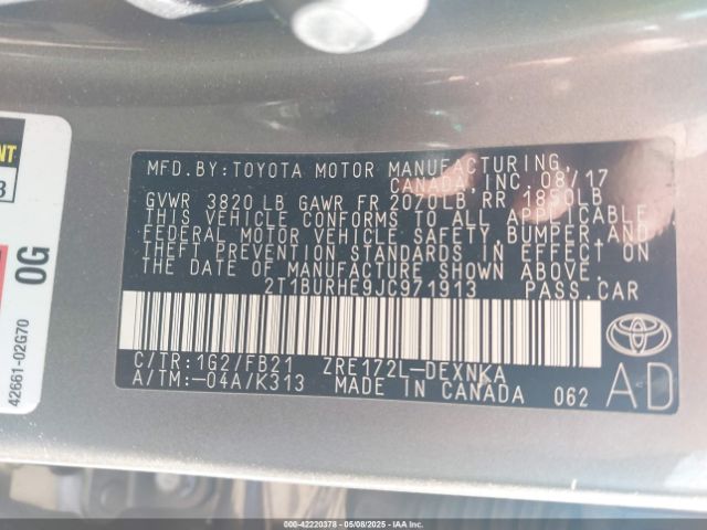 2T1BURHE9JC971913 Toyota COROLLA LE