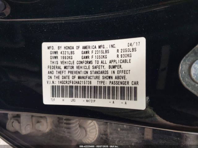 1HGCR2F80HA215736 Honda Accord Ex-l