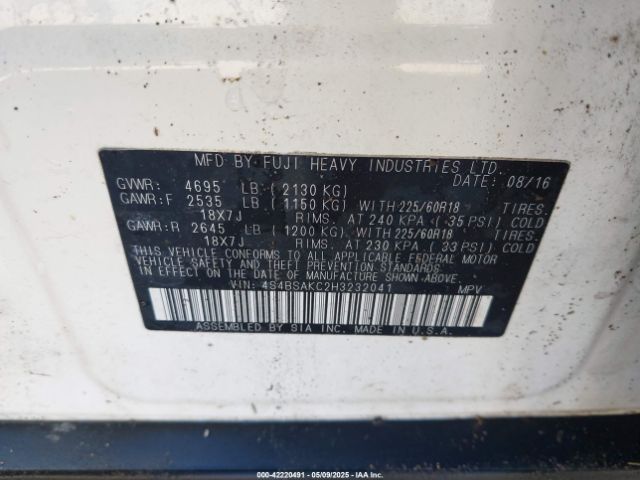 4S4BSAKC2H3232041 Subaru Outback 2.5i Limited