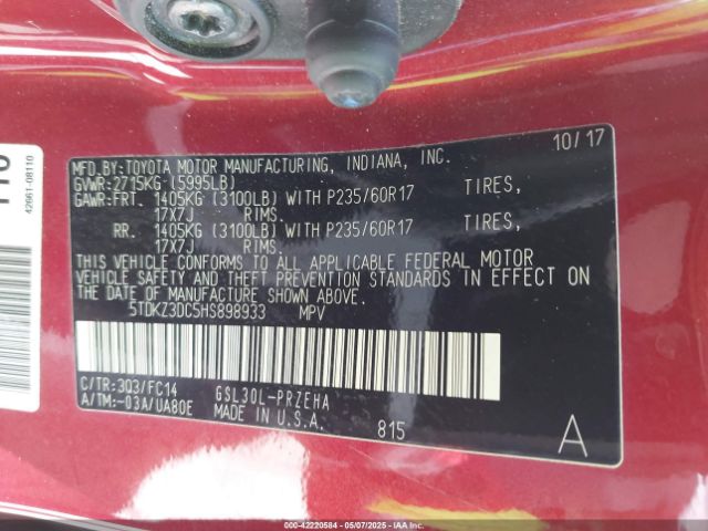 5TDKZ3DC5HS898933 Toyota Sienna Le 8 Passenger
