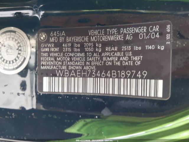 2004 BMW 645CI WBAEH73464B189749 Photo 8