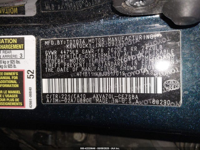 4T1B11HK8JU517019 Toyota CAMRY SE