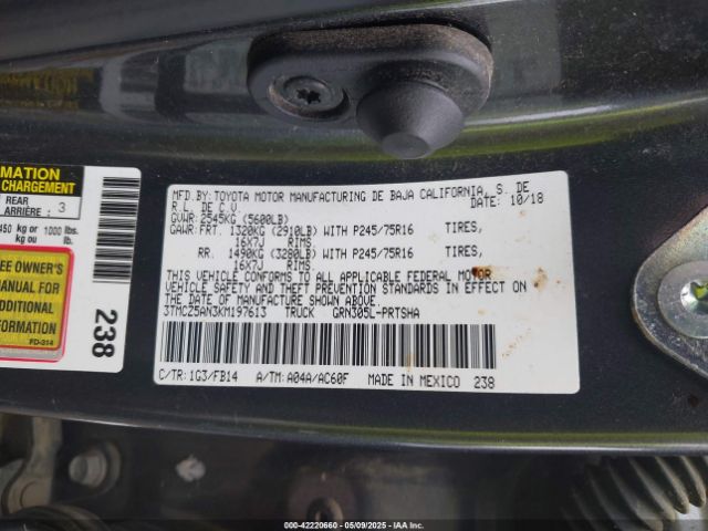 3TMCZ5AN3KM197613 Toyota Tacoma Sr V6