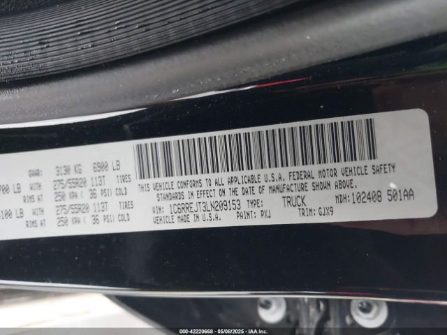 1C6RREJT3LN209153 RAM 1500 Laramie  4x2 5'7 Box