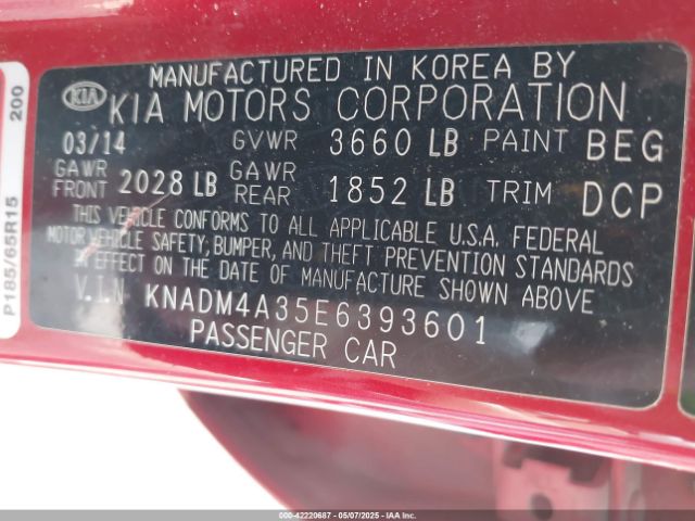 KNADM4A35E6393601 KIA RIO LX