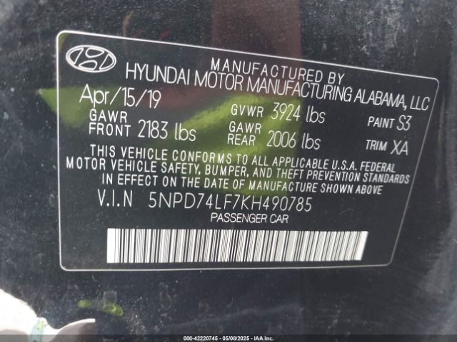 5NPD74LF7KH490785 Hyundai mpi nu