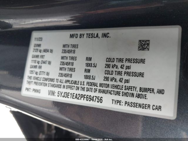 5YJ3E1EA2PF694756 Tesla Model 3 Rear-wheel Drive