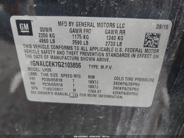 1GNALCEK7GZ103856 Chevrolet EQUINOX LT