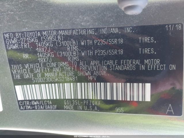 2019 TOYOTA SIENNA 5TDDZ3DC5KS218481 Photo 8