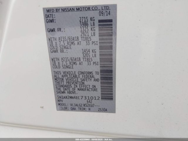 5N1AR2MN4EC731012 Nissan Pathfinder Sl