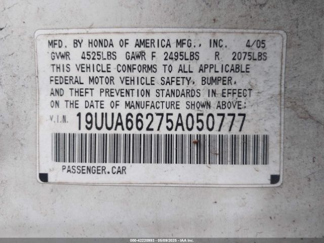 2005 ACURA TL 19UUA66275A050777 Photo 8