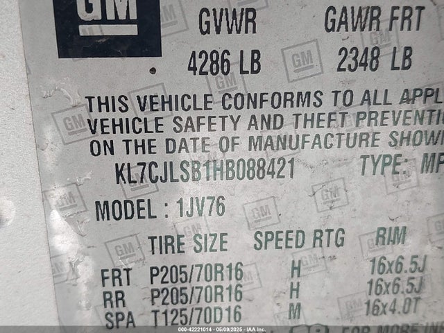KL7CJLSB1HB088421 Chevrolet luv - mfi, vvt: variable valve timing, e85 max, alum