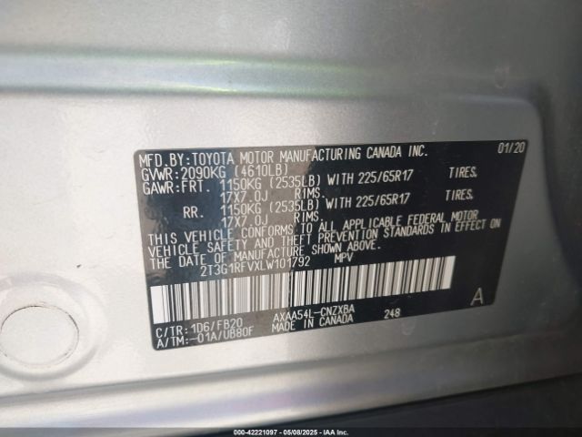 2T3G1RFVXLW101792 Toyota RAV4 LE