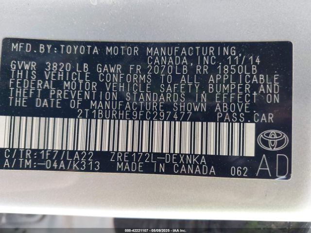 2T1BURHE9FC297477 Toyota Corolla Le Premium