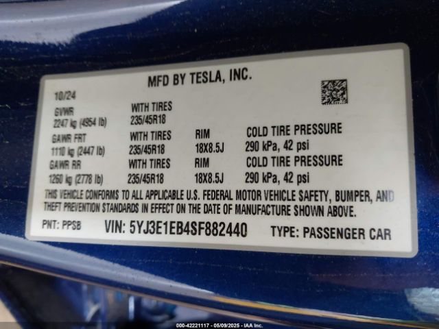 2025 TESLA MODEL 3 5YJ3E1EB4SF882440 Photo 8