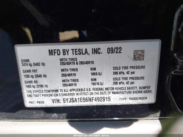 2022 TESLA MODEL S 5YJSA1E56NF492915 Photo 8