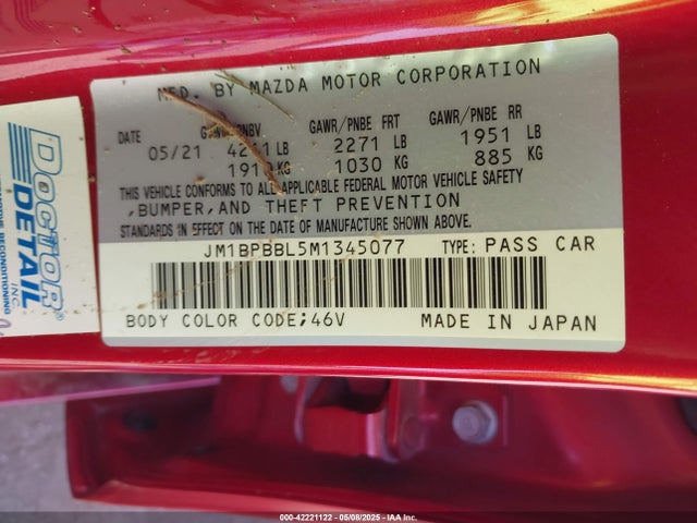 42221122 :رقم المزاد ، JM1BPBBL5M1345077 vin ، 2021 Mazda Mazda3 Select مزاد بيع