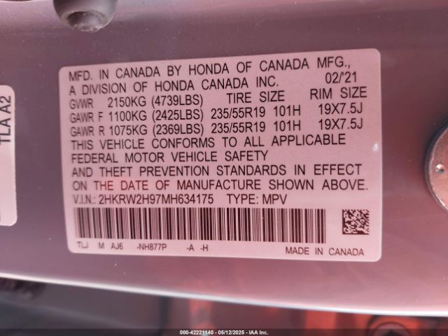 2HKRW2H97MH634175 Honda Cr-v Awd Touring