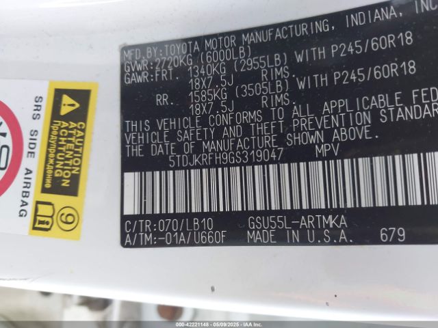 5TDJKRFH9GS319047 Toyota Highlander Xle V6